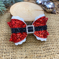 Sparkly glitter Santa buckle scalloped layer bows, perfect for Christmas!