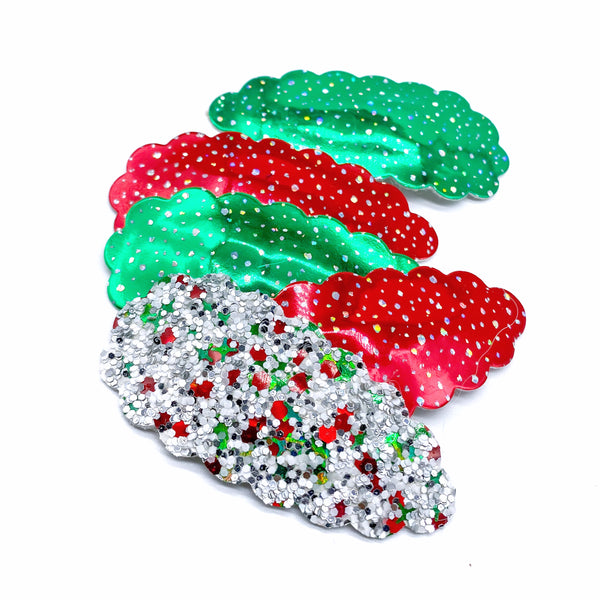 Sparkly green or red speckled patent leather snap clips perfect for Christmas!