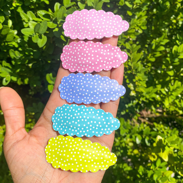 Sweet and colourful polkadot faux leather scalloped snap clips!