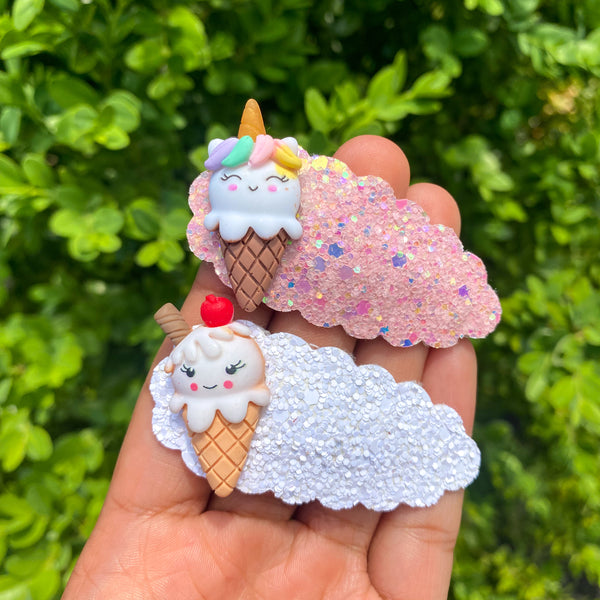 Adorable glitter snap clips with matching ice cream resins!