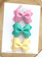 Adorable bright pastel coloured faux leather bows! Pink, turquoise and yellow scalloped pinch and Ella bows
