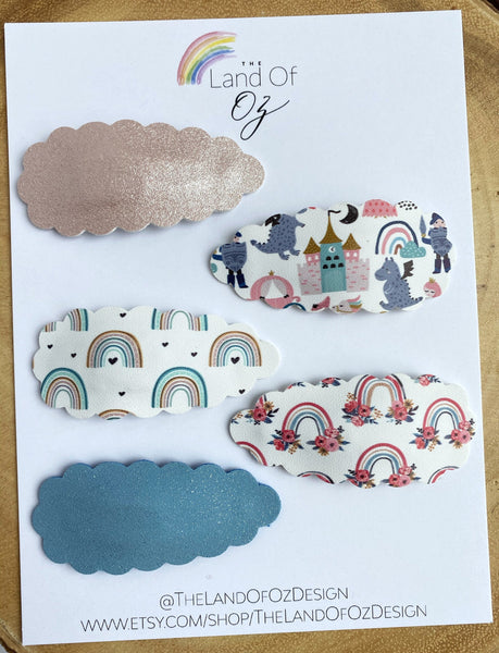 Rainbows and fairy tales faux leather scalloped snap clips