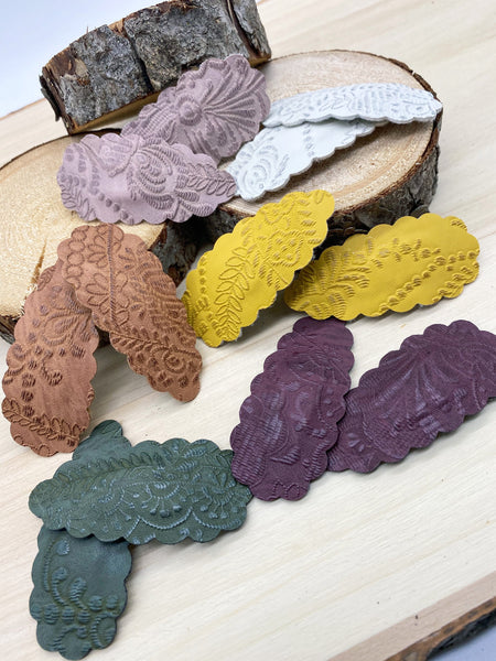 Embossed lace faux leather scalloped snap clips in beautiful neutral colours