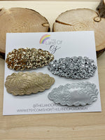 Chunky metallic glitter or metallic embossed lace snap clips