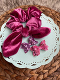 Super soft velvet bunny ear scrunchies in pretty colours!