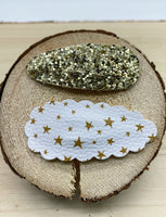 Chunky glitter or pretty star print faux leather scalloped or smooth snap clips