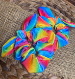 Super soft rainbow bright velvet bunny ear scrunchies!