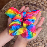 Super soft rainbow bright velvet bunny ear scrunchies!