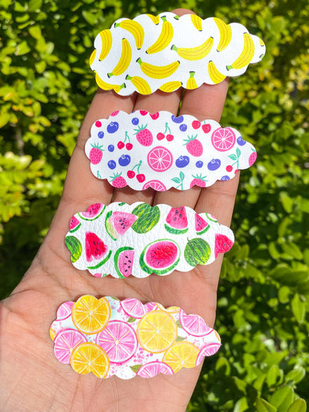 Sweet and summery fruit faux leather scalloped snap clips!