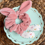 Super soft velvet bunny ear scrunchies in pretty pastel shades!