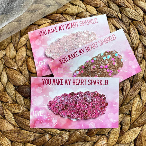 Adorable snap clips with cute "You Make My Heart Sparkle" Valentine's Day card!