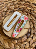 Metal inlay clips with beautiful floral faux leather or chunky glitter!
