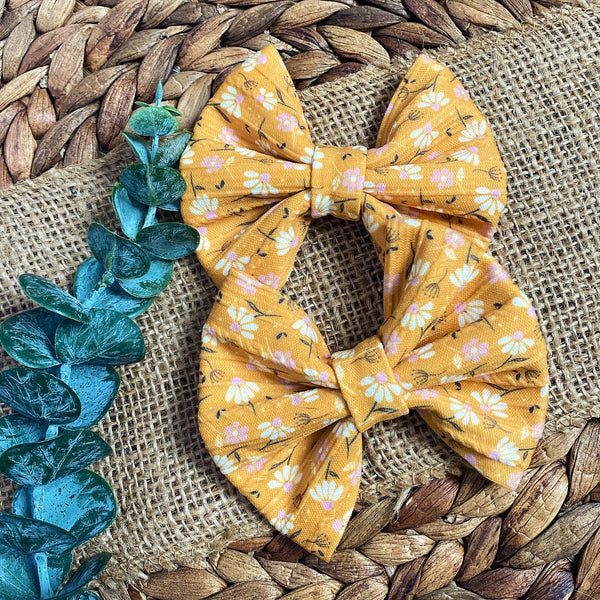 Gorgeous mustard floral nylon fabric bow clips or headbands.