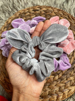 Super soft velvet bunny ear scrunchies in pretty pastel shades!