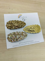 Chunky glitter or faux leather gold scalloped or smooth snap clips