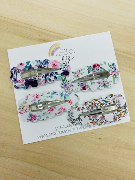 Floral faux leather scalloped peek a boo snap clips in gorgeous colours!