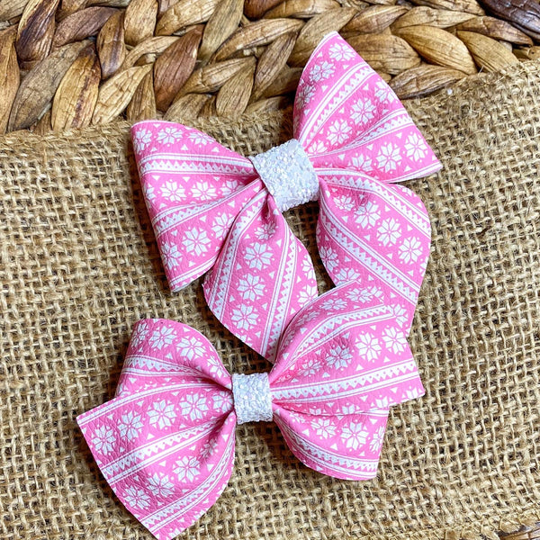 Pretty pink and white snowflake sweater print bows!
