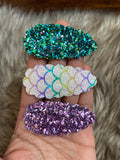 Super sparkly chunky glitter scalloped or smooth snap clips in solids or colourful mermaid scale print