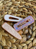 Metal inlay clips with beautiful floral faux leather or chunky glitter!